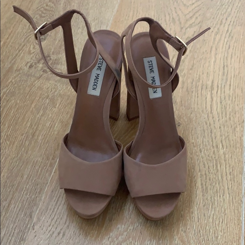 Tan platform open toe heels with ankle strap